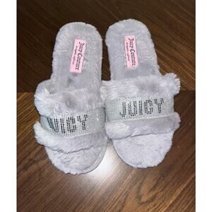 Juicy Couture Faux Fur Rhinestone Slippers – Gray